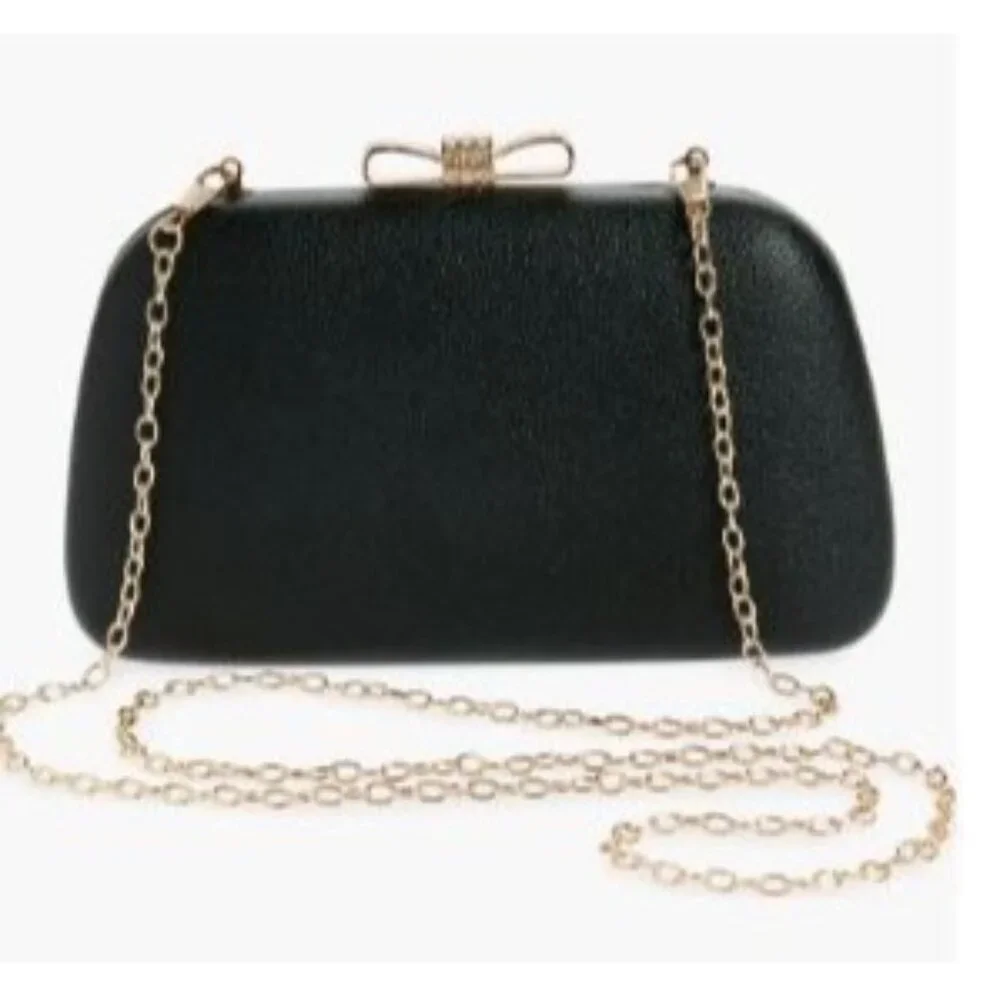 Natasha Crystal Gold Bow Clasp Clutch Crossbody Black Lined Faux Leather NWT